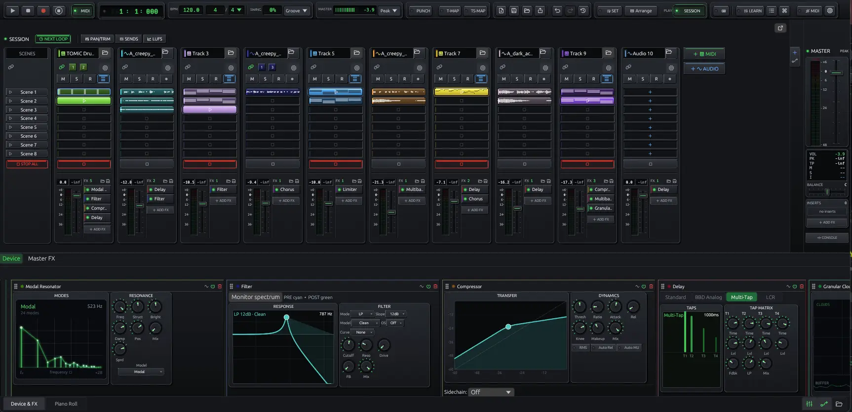 OMNi DAW workspace: session matrix with nine tracks and scenes, mixer strips, and a device chain with modal resonator, filter, delay and sequenced FX