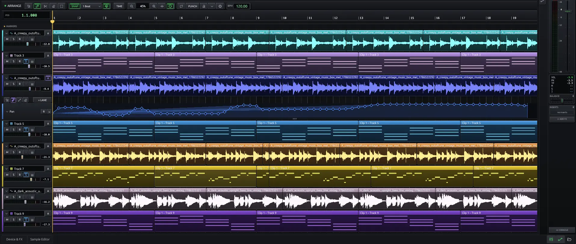 OMNi arrangement timeline with audio and MIDI clips and automation lanes