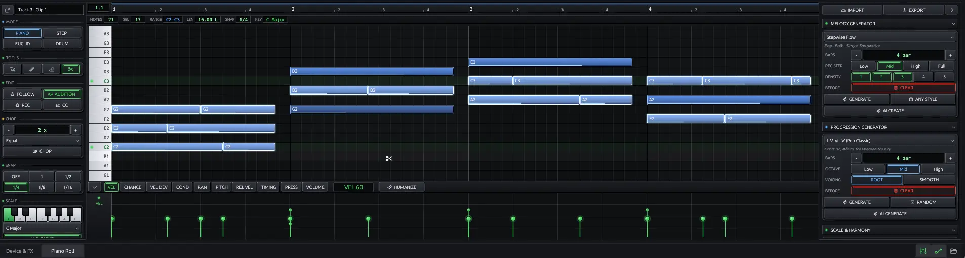 Scale-aware piano roll with chance lane, melody and progression generators