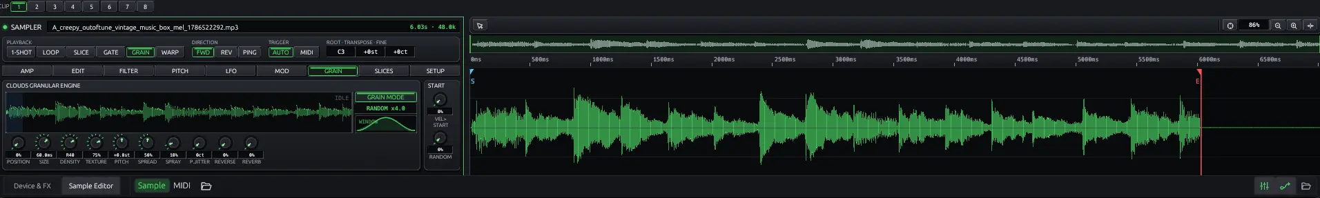 OMNi sampler with waveform, slice markers and per-voice filter