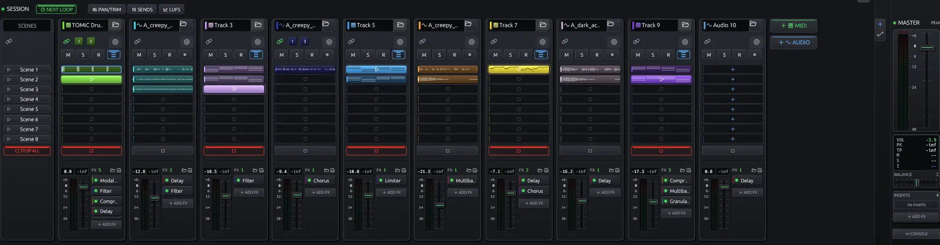 OMNi session matrix with coloured clips across tracks and scenes