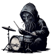 TOMiC mascot — hooded cosmic drummer